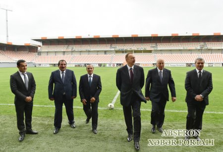 İlham Əliyev Masazır qəsəbəsində inşa olunan stadionun açılışında iştirak edib