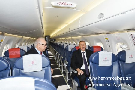 Prezident İlham Əliyev “Buta Airways” aviaşirkətinin Bakıya gətirilən ilk “Embraer 190” təyyarəsi ilə tanış olub