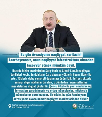 Bu gün Avrasiyanın nəqliyyat xəritəsini Azərbaycansız, onun nəqliyyat infrastrukturu olmadan təsəvvür etmək mümkün deyil